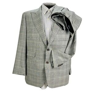 G Harvell Gray w/ Brown Check Double Btn/Vent Wool Mens Full Suit 44R 36X29 + 2"
